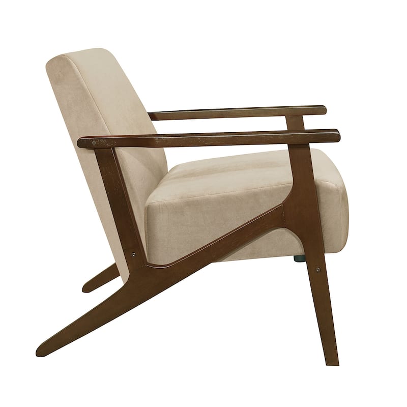 Rica 32 Inch Accent Armchair, Soft Beige Velvet, Walnut Brown Solid Wood