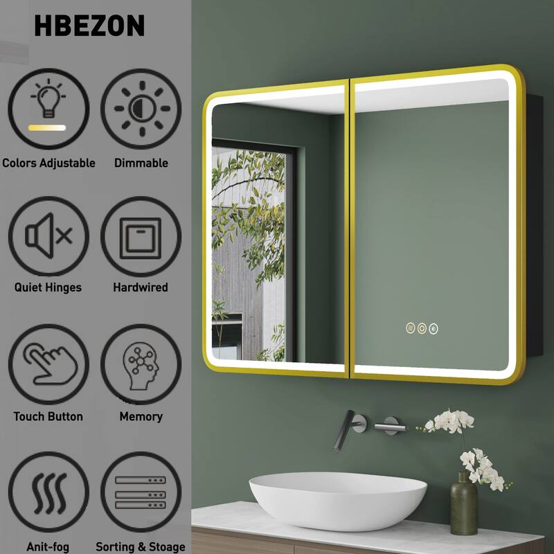 32 in. W x 30 in. H Rectangular Iron Recessed/Surface Medicine Cabinet with Mirror, Anti-Fog, Fixed Iron Shelves, Gold