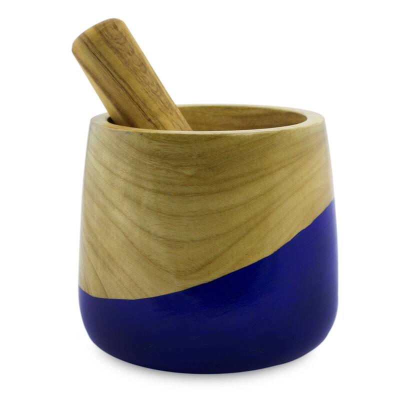 NOVICA Handmade Spicy Blue Wood Mortar And Pestle (Guatemala) - 4.5" H x 4.9" Diam.