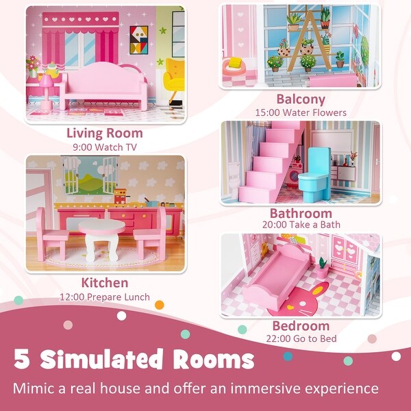 Kids Wooden Dollhouse Playset with 5 Simulated Rooms and 10 Pieces