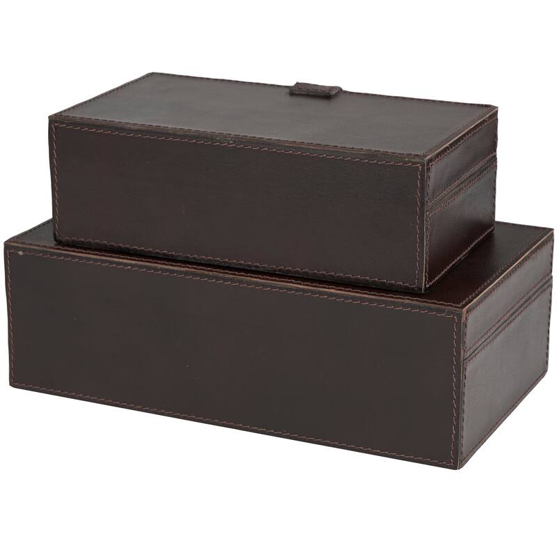 Dark Brown Leather Storage Box with Snap Front Closure and Detailed Stitching (Set of 2)