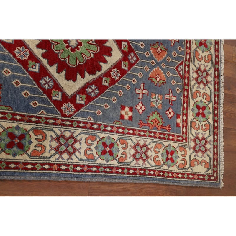Geometric Blue Kazak Oriental Foyer Rug Hand-Knotted Wool Carpet - 3'4" x 4'11"