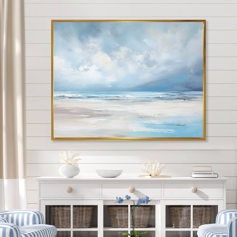 Designart "Coastal Beach Minimal Scenery " Coastal Ocean Framed Wall Art Living Room - 32 in. wide x 16 in. high - Gold