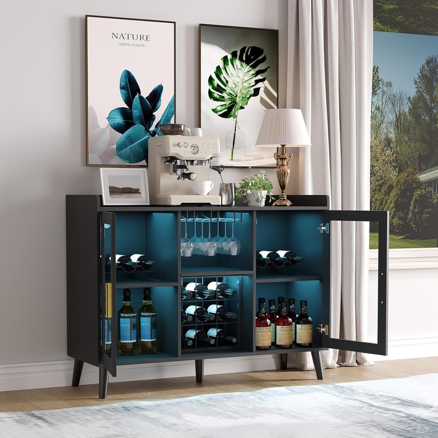 Modern Wine Bar Cabinet with LED Light, Wood Coffee Bar with Glass Holder, Wine Racks & Storage