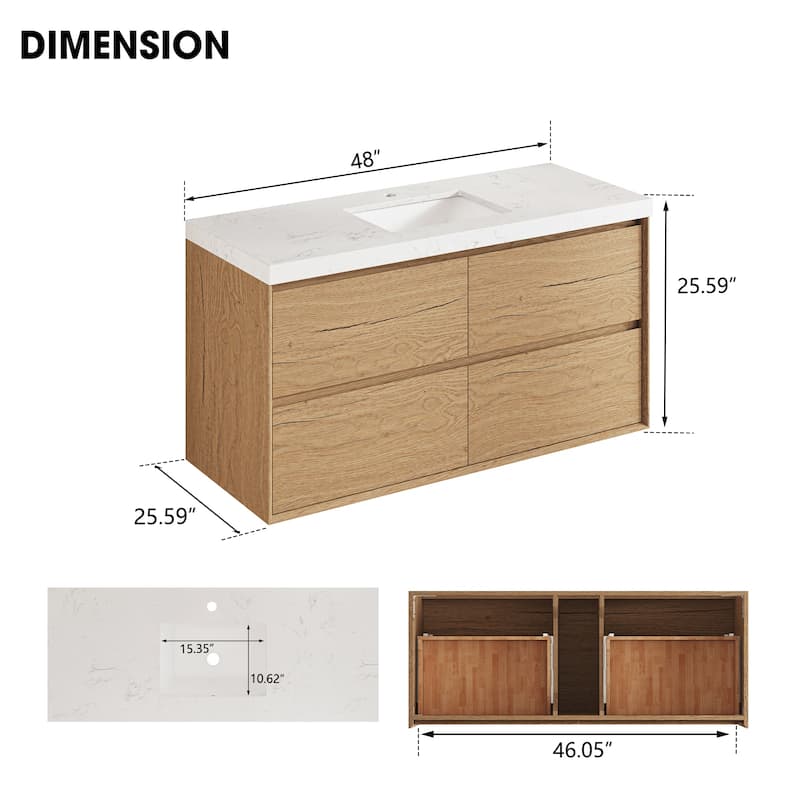 Sylphar 48 inch Bathroom Vanity with Sink, Floating Oak Cabinet with Stone Top
