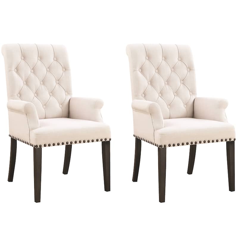 Traditional Button-tufted Wood Arm Chair with Nailhead Trim - Set of 2 - Beige - 2-Chairs