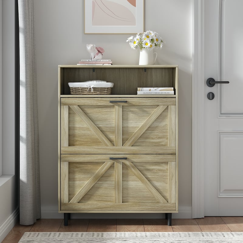 Farmhouse Shoe Storage Cabinet with Barn Door Design, Shoe Organizer with 2 Flip Drawers