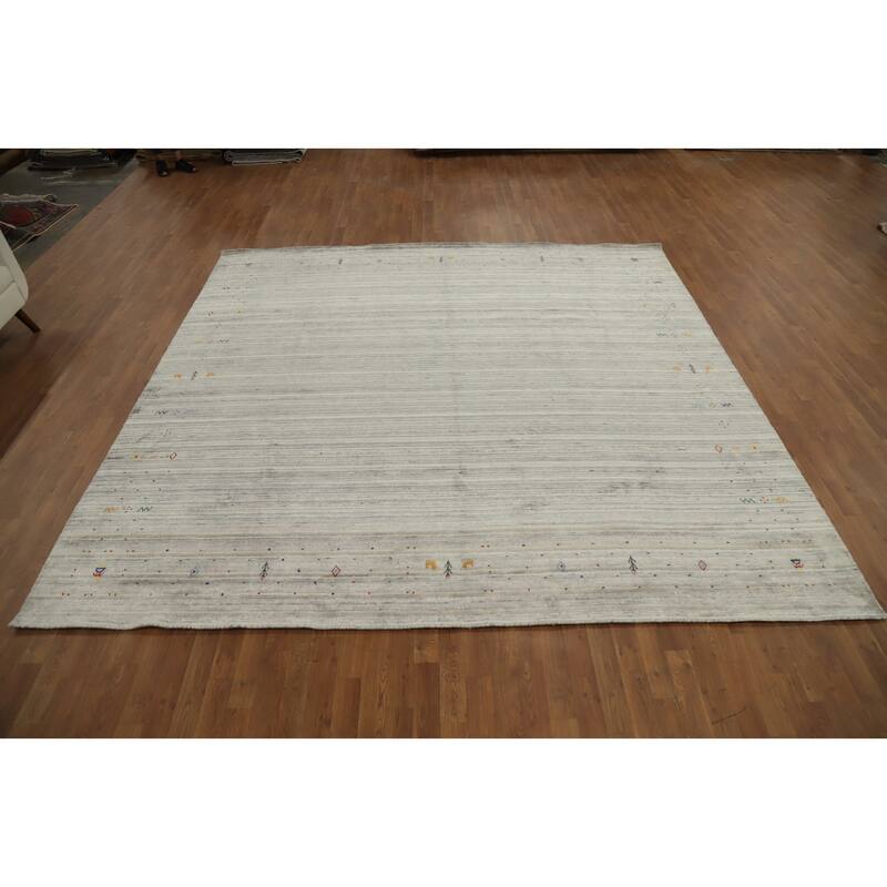 Hand Knotted Oriental Viscose Silk Carpet Tribal Animal Pictorial Beige & Ivories Gabbeh Area Rug - 9' 10'' X 10' 2''