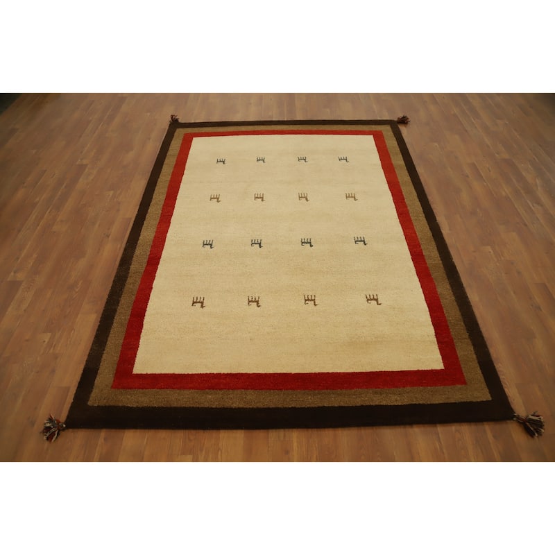 Hand Knotted Oriental 100% Wool Carpet Tribal Geometric Beige & Ivories Gabbeh Area Rug - 7' 3'' X 5' 3''