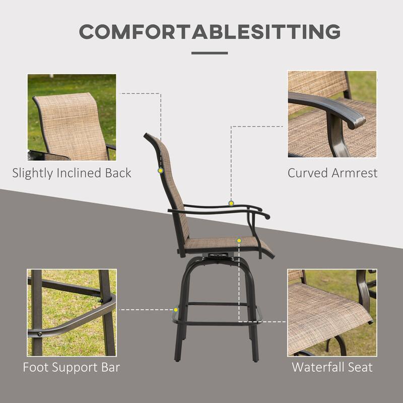 Outsunny Set of 2 Outdoor Swivel Bar Stools with Armrests, Bar Height Patio Chairs with Steel Frame for Balcony, Poolside - N/A