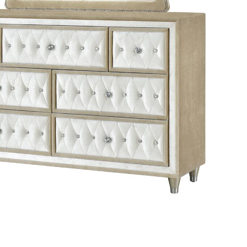 Lino Wide Dresser with Rivet Trim Mirror, Ivory Button Tufted Velvet