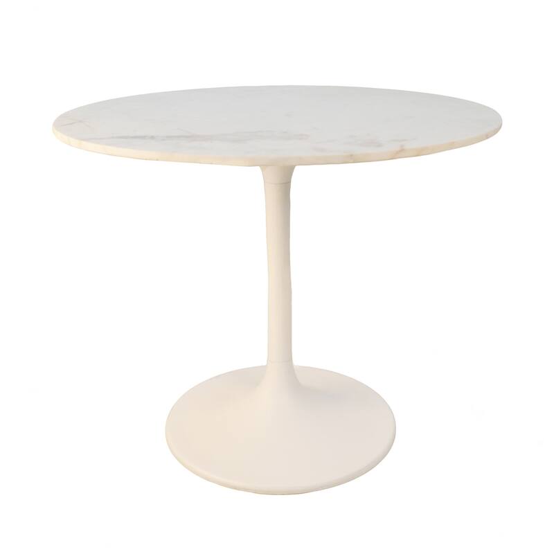 HomeRoots 36" White Rounded Marble And Iron Pedestal Base Dining Table - 36.00 in. x 30.00 in. x 36.00 in.