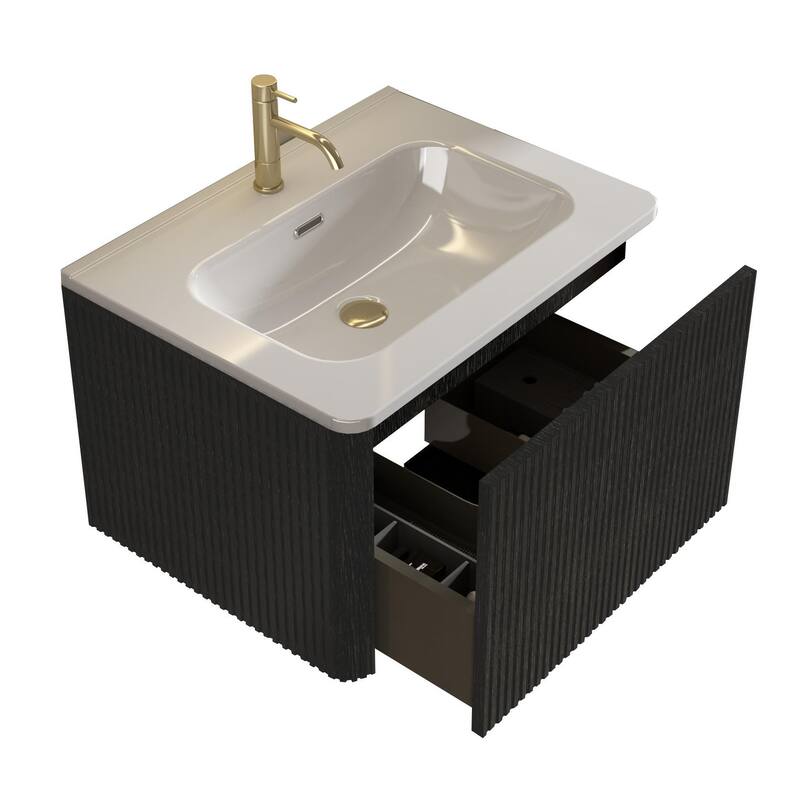 36" Etna Floating Vanity with White Ceramic Sink, Striped Black Oak Texture, Curved Edges