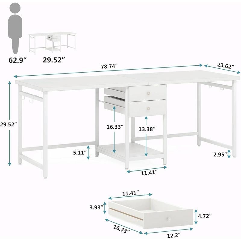 Extra-Large 2-Person Office Desk with Drawers, Open Shelf and Steel Frame