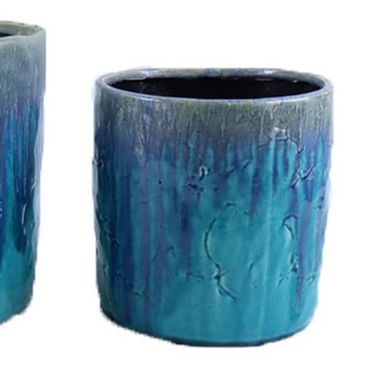 Foy Tall Planter Set of 2, Two Tone Blue Ceramic, Round, Modern Style