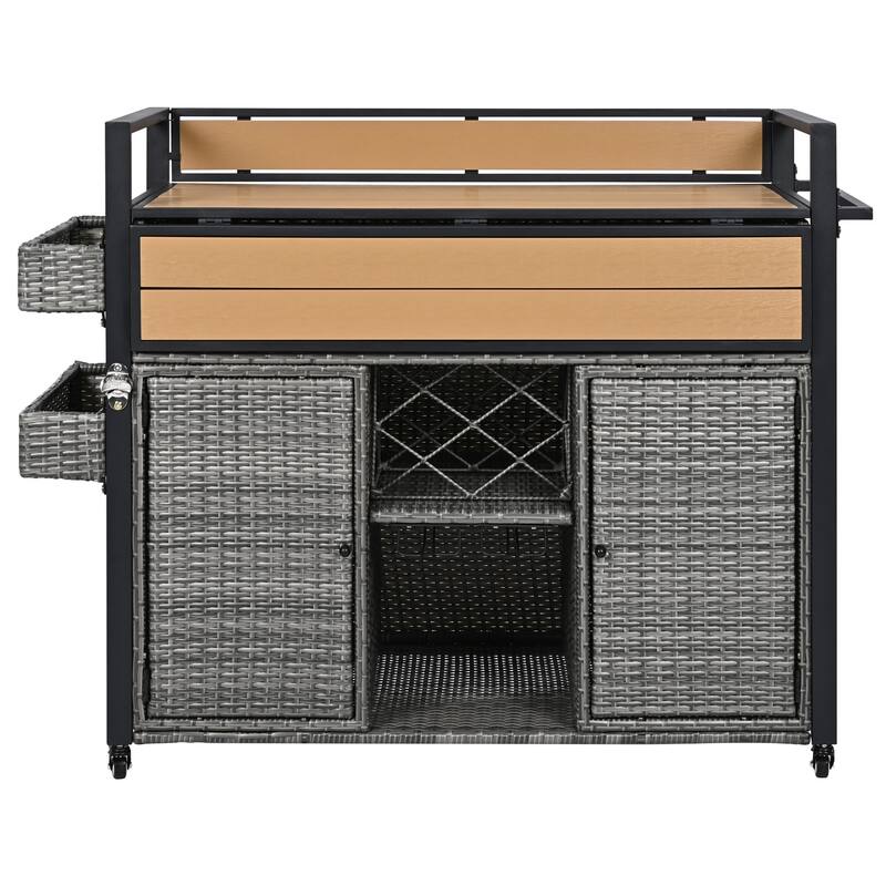 Grill Cart Rolling Kitchen Island Cart Wicker Storage Cabinet Prep Table