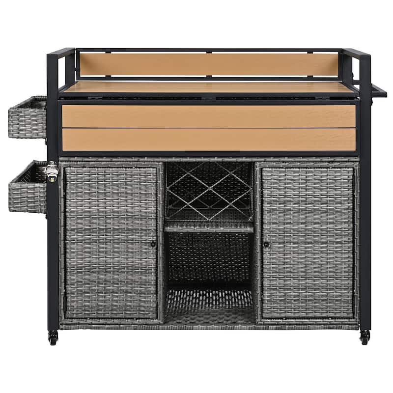 Marils Wicker Rolling Kitchen Island with Extended Plastic Wood Table Top(53-in x28-in x42-in)