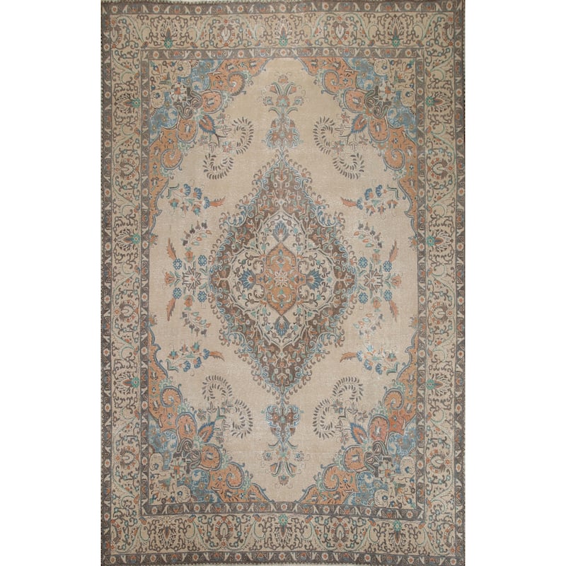Hand Knotted Oriental 100% Wool Carpet Traditional Floral Beige & Ivories Tabriz Area Rug - 12' 11'' X 9' 6''
