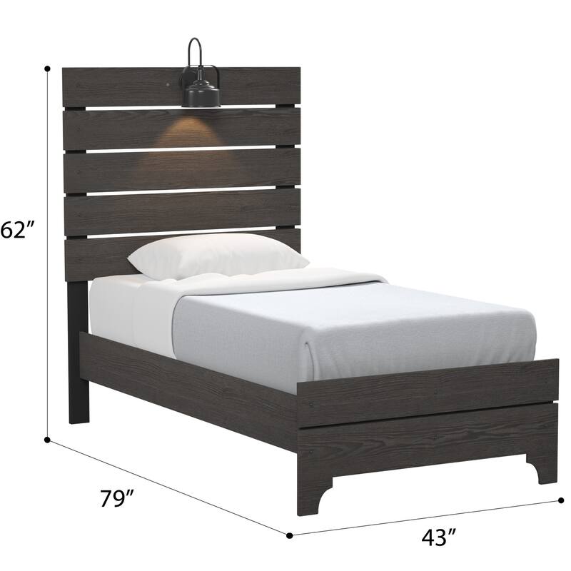 Farmhouse Queen Platform Bed in Stone Brown with Built-In LED Lighting and High Headboard, Easy Assembly