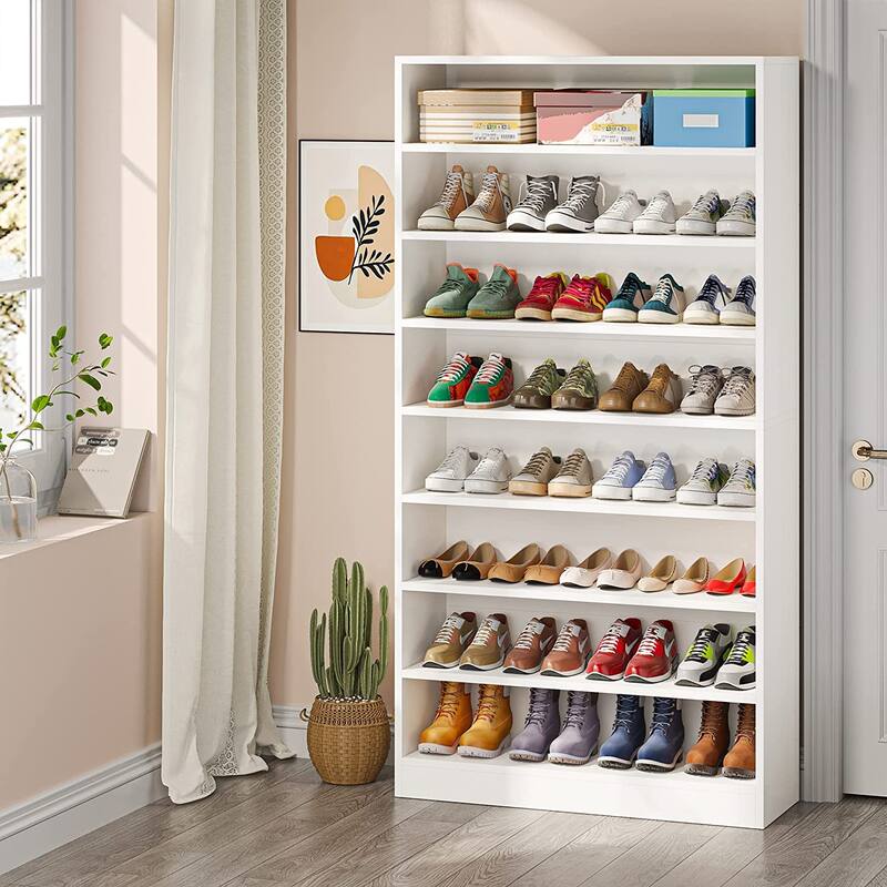 Shoe Cabinet Narrow High Shoe Cabinet with Open Storage for Entryway, White