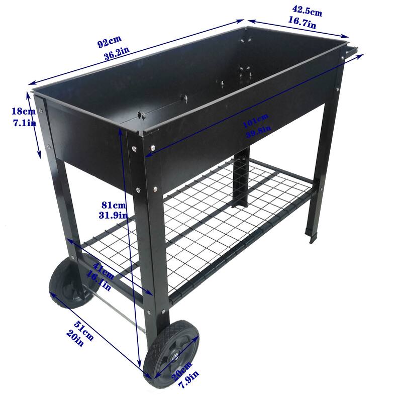 Metal Elevated Planter with Switchable Drainage Wheels and Storage Shelf for Patio or Balcony - 36.2”L x 16.7”W x 31.9”H