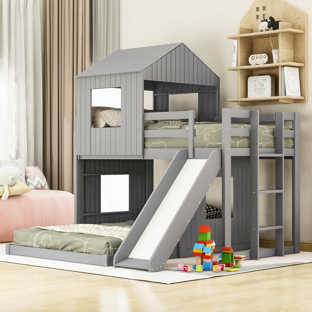 Wooden Bunk Bed, Loft Bed with Playhouse, Farmhouse, Ladder, Slide and Guardrails