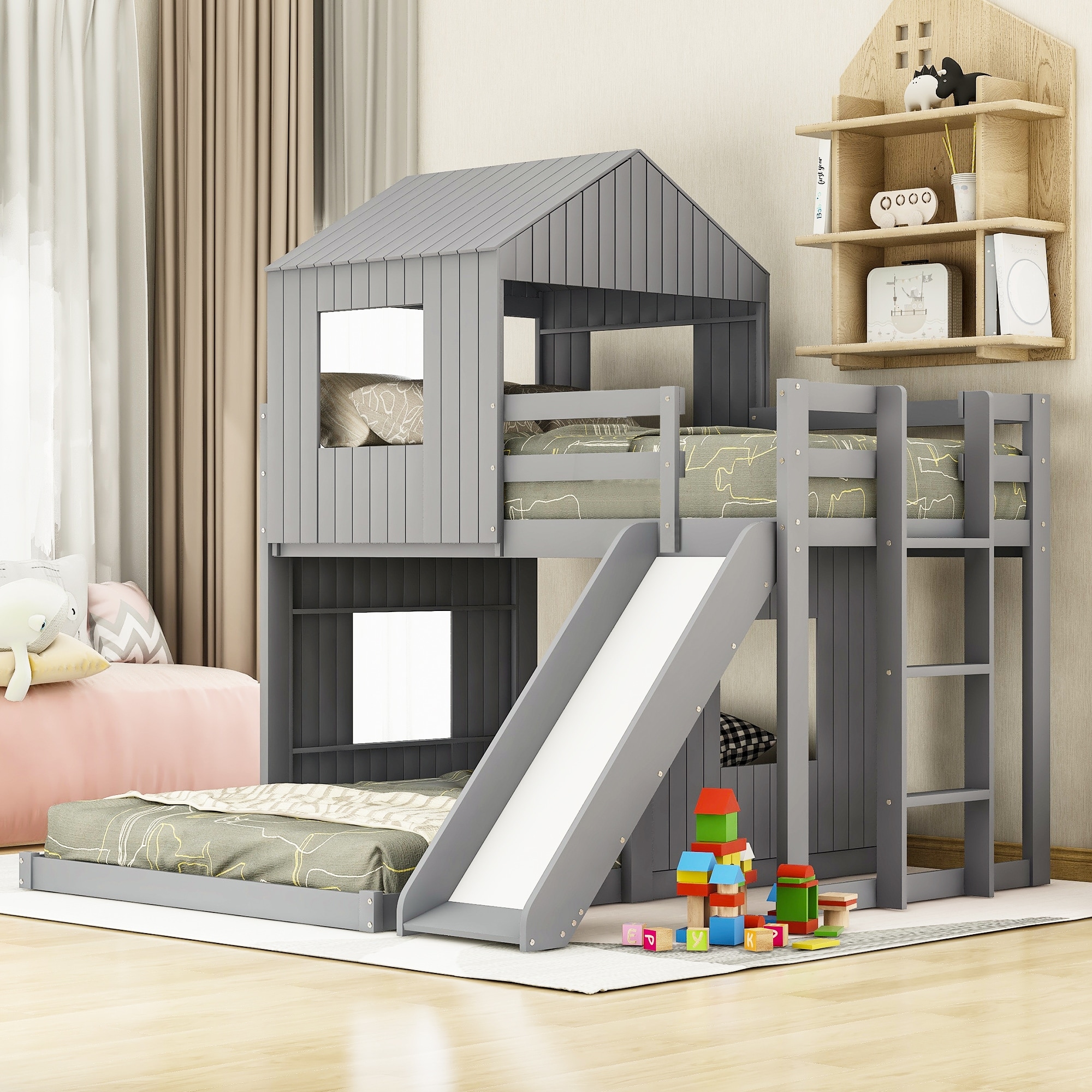 Wooden Twin over Full Bunk Bed with Treehouse Style Loft