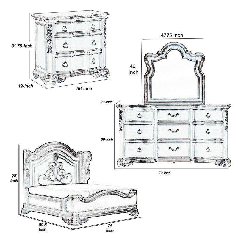 Rise 4 Piece Queen Bedroom Set, Arched Wing Design, Leatherette Padding, Brown