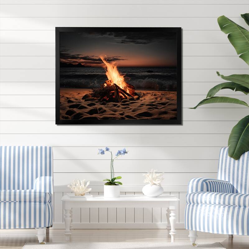 Designart "Beachside Fir At Sunset II" Nautical & Beach Framed Canvas Art Print - Black - 44 in. wide x 34 in. high