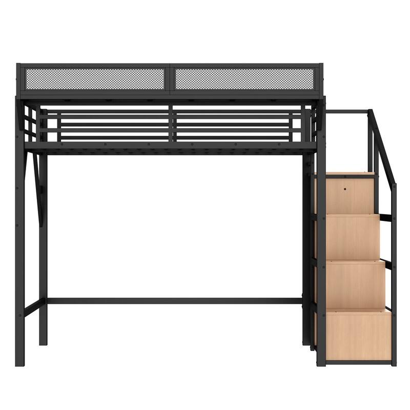 Twin XL / Full Size Loft Bed with Storage Stairs and Open Wardrobe, Metal Kids Bed Frame with USB Ports and LED Lights