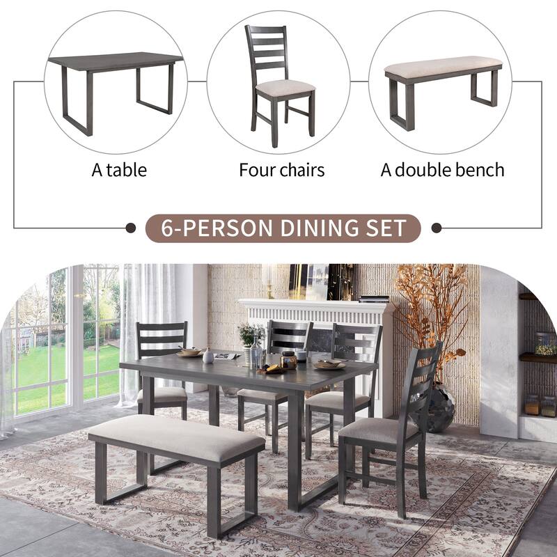 6-Pieces Family Furniture, Solid Wood Dining Room Set with Rectangular Table & 4 Chairs with Bench - Grey