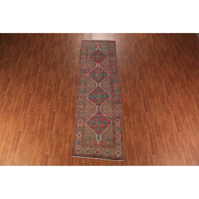 Tribal Geometric Ardebil Persian Runner Rug Hand-Knotted Wool Carpet - 3'7"x 12'0"