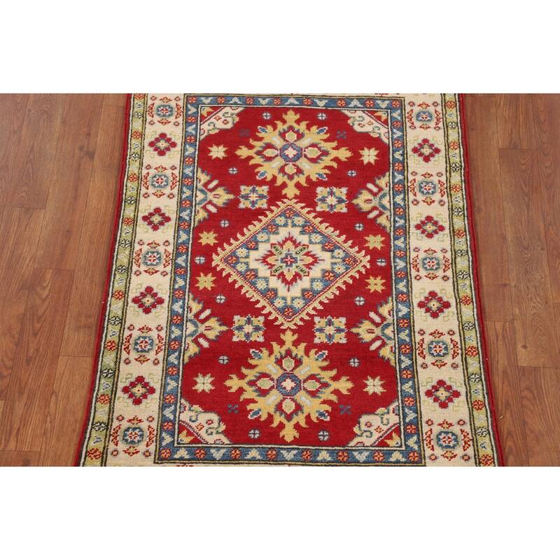 Geometric Red Kazak Accent Rug Handmade Home Decor Wool Carpet - 2'7" x 3'10"