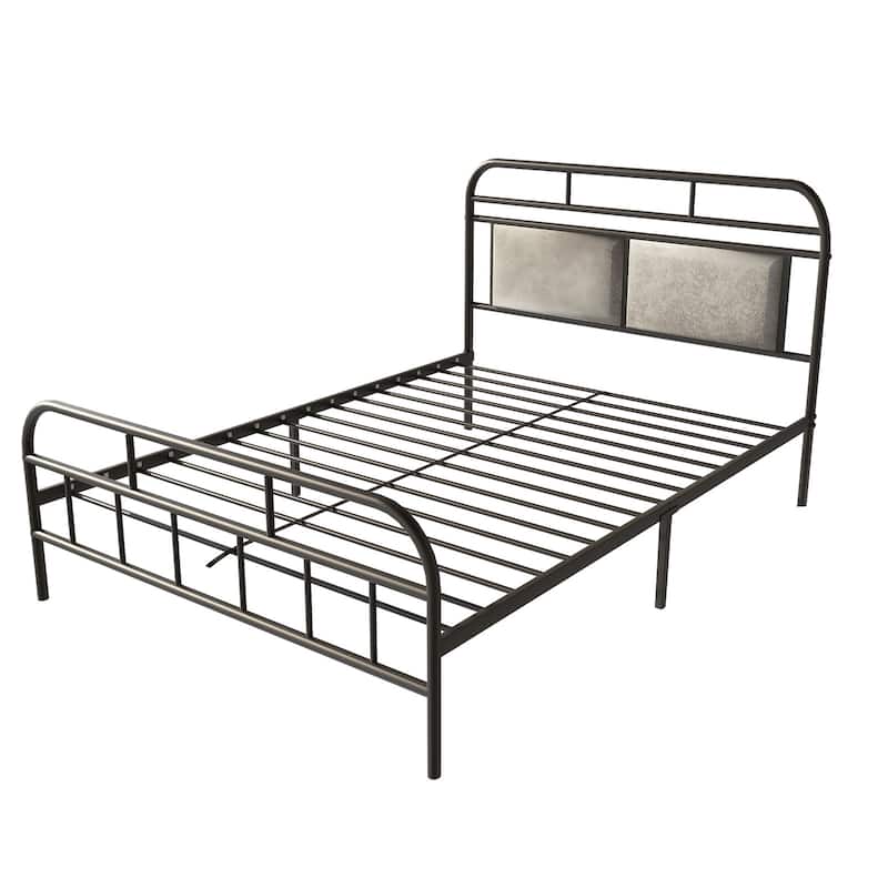 Black Modern Steel Bed Frame, Upholstered, Metal Slats, Storage Bed