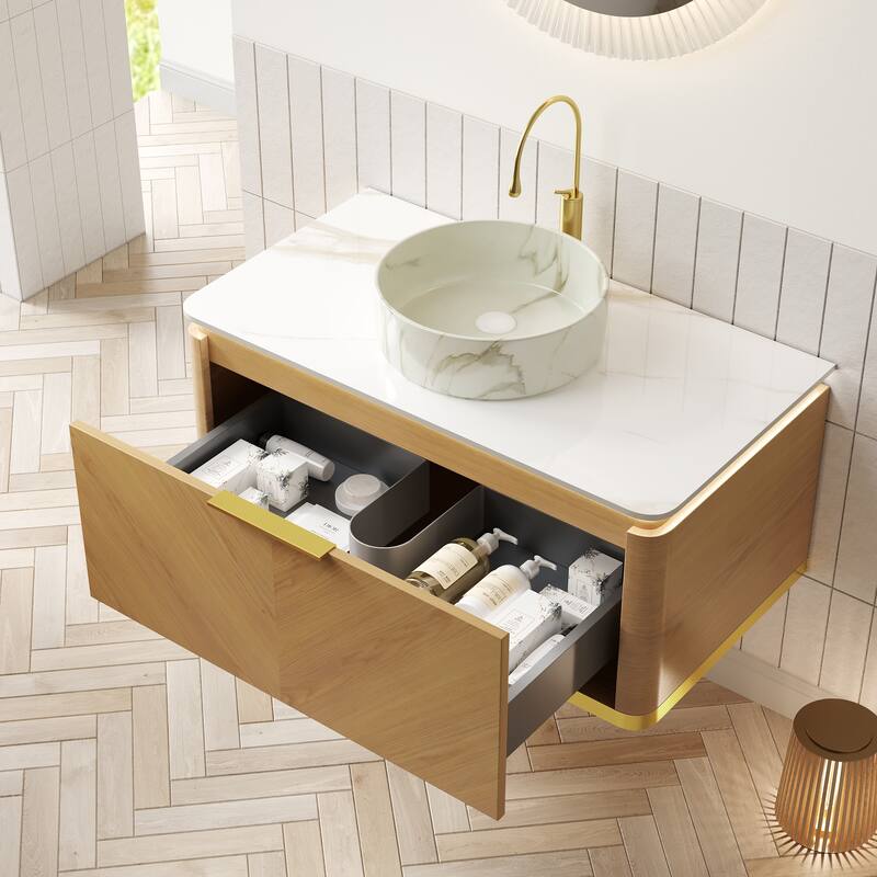 GDFStudio - Dipa Modern 36" Floating Bathroom Vanity with Drawer, Sensor Light & Marble Pattern Ceramic Basin, WITHOUT Faucet