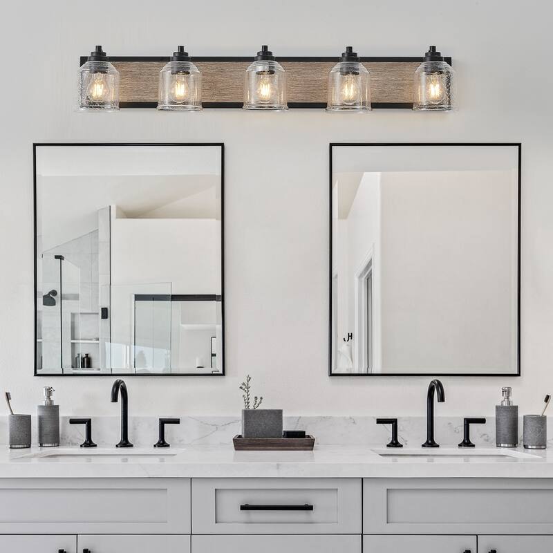 40" Farmhouse Vanity Light Fixture, 5-Light Bathroom Wall Sconce with Clear Seeded Glass Shades, Black and Wood Grain Finish - Black