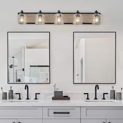 40" Farmhouse Vanity Light Fixture, 5-Light Bathroom Wall Sconce with Clear Seeded Glass Shades, Black and Wood Grain Finish