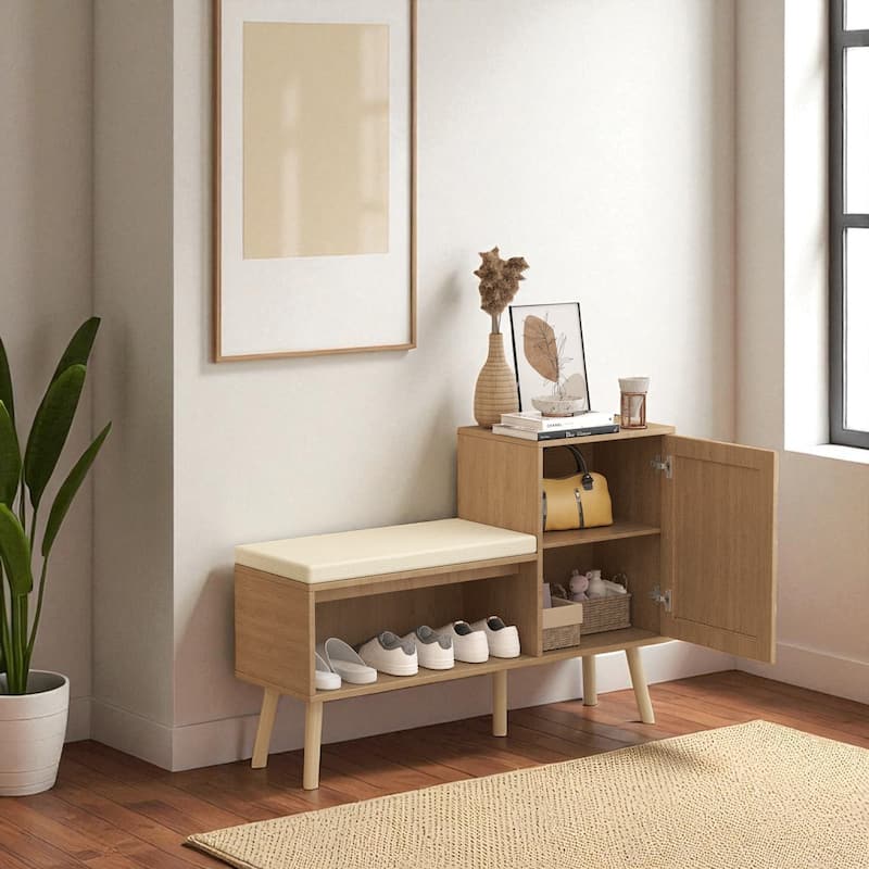 2-in-1 Shoe Storage Bench with Faux Rattan Doors, Adjustable Shelves & Removable Cushion for Entryway or Hallway