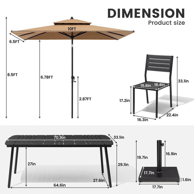 9-Piece Outdoor Dining Set Rectangular Aluminum Table and Stackable Chairs with Umbrella and Base