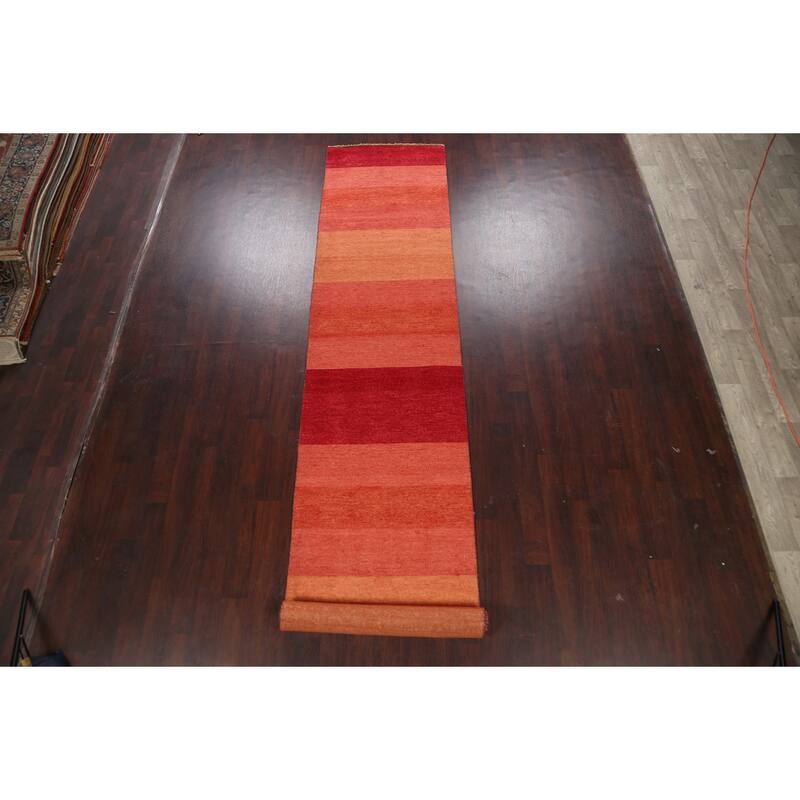 Striped Contemporary Oriental Gabbeh Kashkoli Wool Runner Rug Handmade - 3'1" x 15'7"
