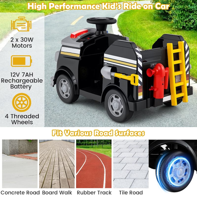 12V Kids Electric Ride On Car with Steering Wheel, Pedal, Music, Safety Belt and Toy Accessories - 19" × 34" × 20.5"