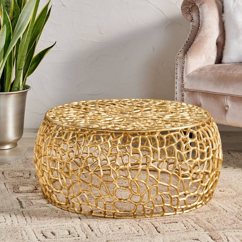 Modern Aluminum Round Coffee Table,Gold Drum Coffee Table Mesh Round Coffee Table