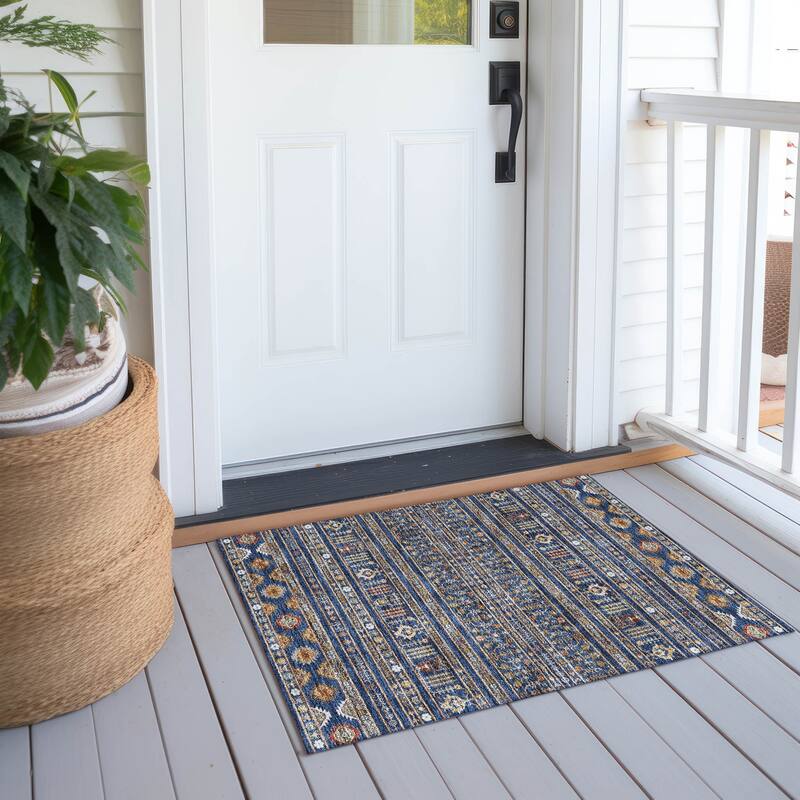 Machine Washable Indoor/ Outdoor Boho Moroccan Chantille Rug - Navy - 1'8" x 2'6"