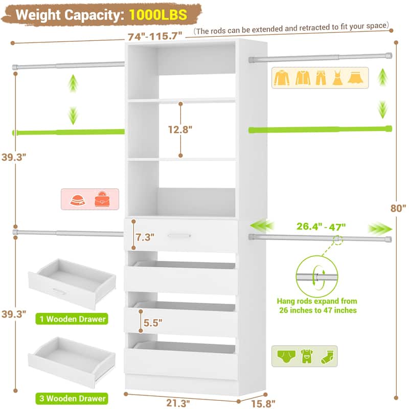 Set of 2 Closet System with 7 Wooden Drawers ＆ 4 Hanging Rods, Heavy Duty Walk-in Closet Organizer System with Shelves