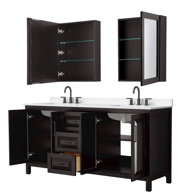 Daria 72-inch Double Vanity, 3 Hole Quartz Top, Med Cabinets