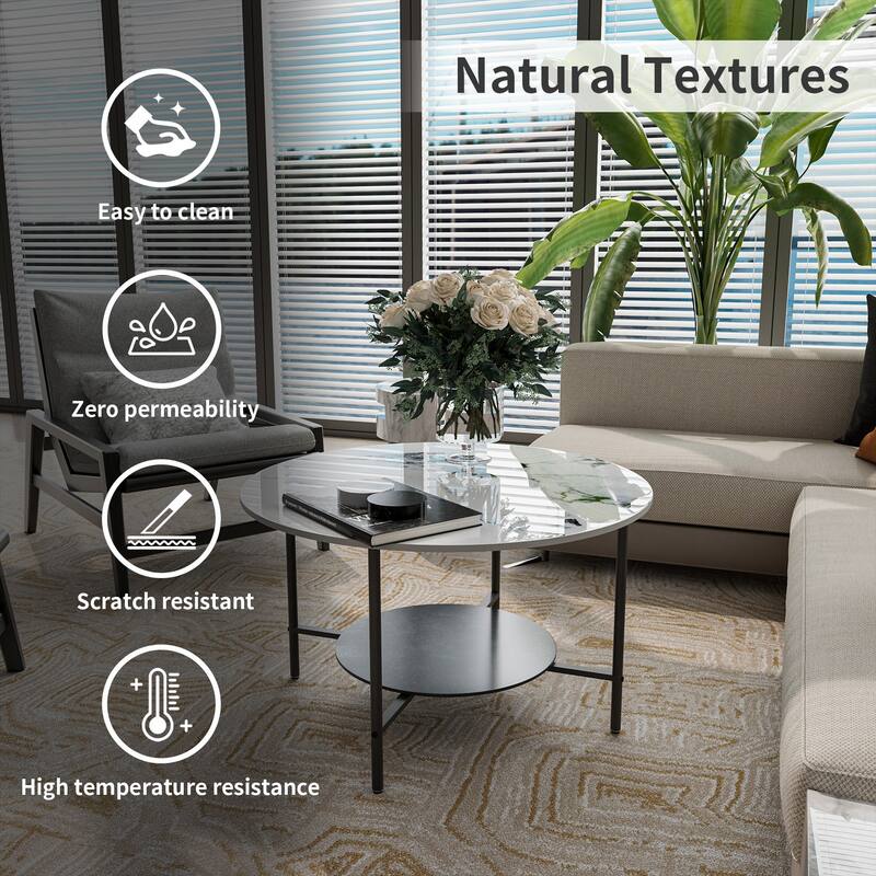 Round Coffee Table 31.5" Coffee Tables for Living Room High Glossy Faux Marble Cocktail Table with Storage Open Shelf