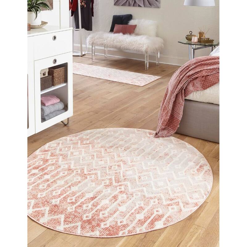 Contemporary Pico Collection Area Rug - 3' Round - Rose-Ivory