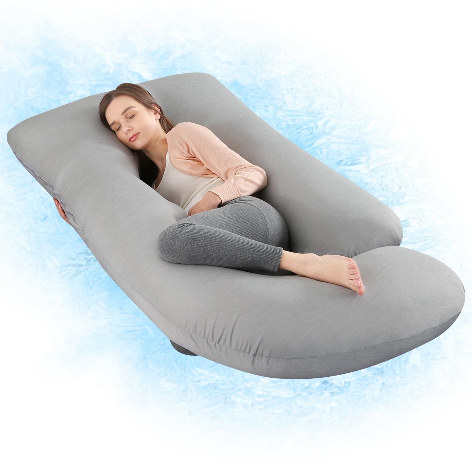 Pregnancy Pillow with Cooling Cover Side J Type Full Body Pillow for Back Legs and Belly Support Comfortable Cooling Cover