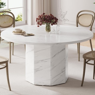 Round Dining Table for 4-6, 47" White Faux Marble, Modern Circle ...