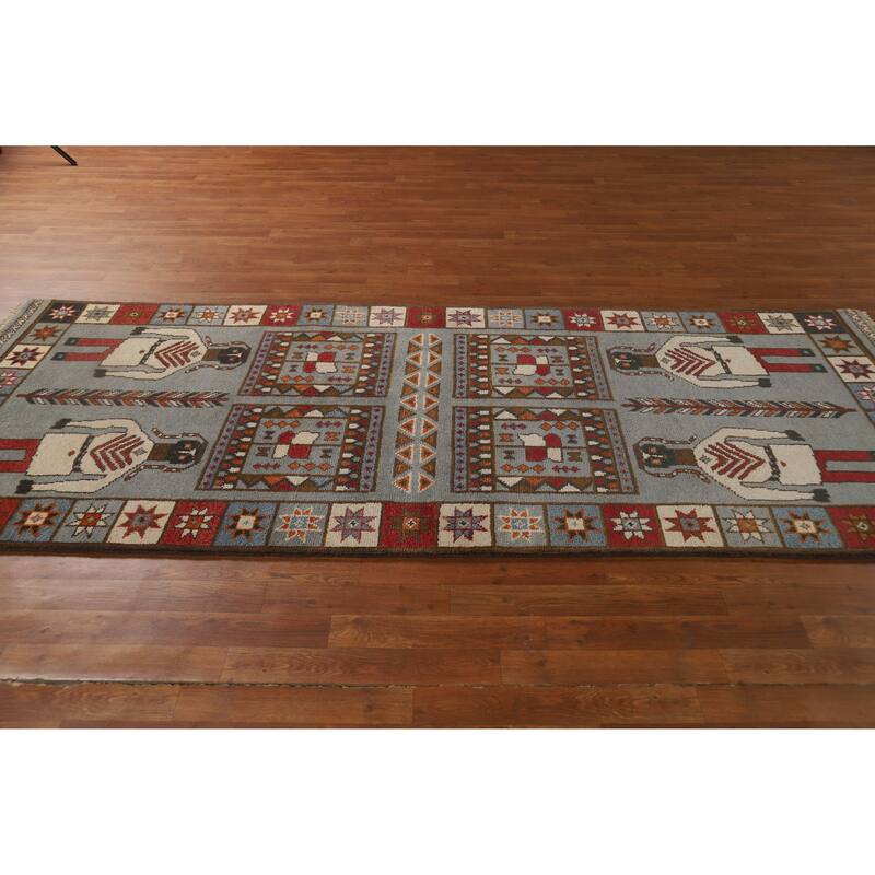 Hand Knotted Oriental 100% Wool Carpet Traditional Tribal Greys & Charcoal Heriz (serapi) Runner Rug - 9' 9'' X 3' 10''